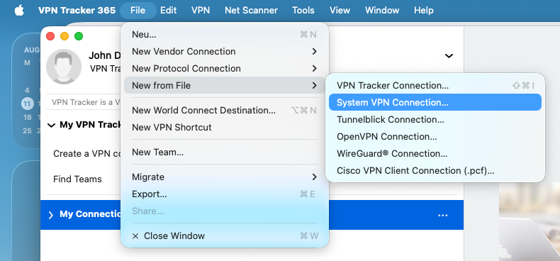 Fix IKEv2 VPN not working: VPN Tracker 365 File menu New from File System VPN Connection on macOS 26