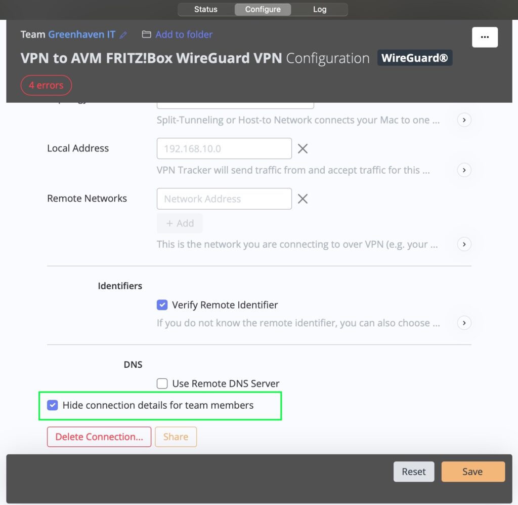 Enable the “Hide connection details for team members” option in VPN Tracker TeamCloud