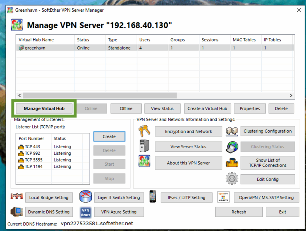 Manage Virtual Hub button on the SoftEther VPN Management center