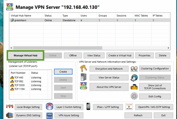 Manage Virtual Hub button on the SoftEther VPN Management center