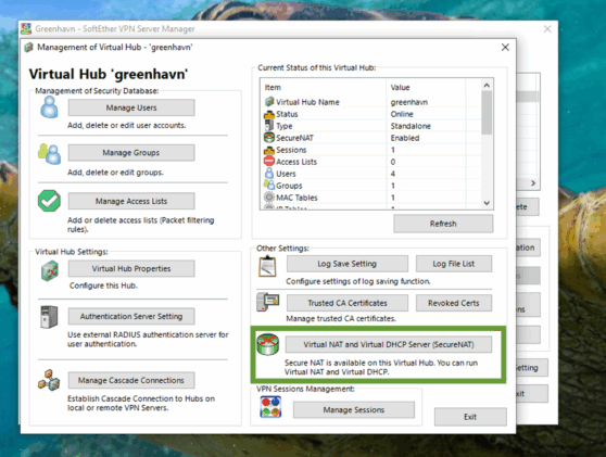 Accessing Virtual NAT and DHCP settings in SoftEther