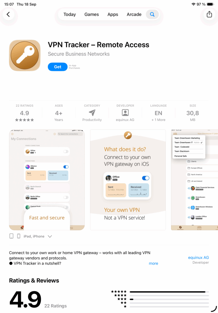 VPN Tracker - Remote Access app for iPhone and iPad on the App Store – remote access client with 4.9 star rating, supports connecting to your own VPN gateway on iOS.