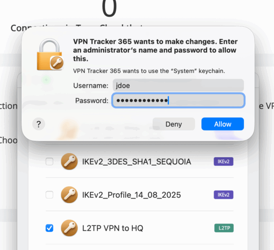 Enter macOS admin password while importing macOS Server VPN not working settings
