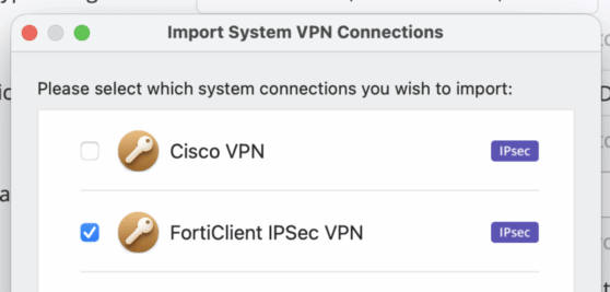 import forticlient ipsec system connection in vpn tracker to stay connected under macOS tahoe