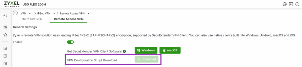 Zyxel USG Flex 200H VPN Configuration Script Download Standort