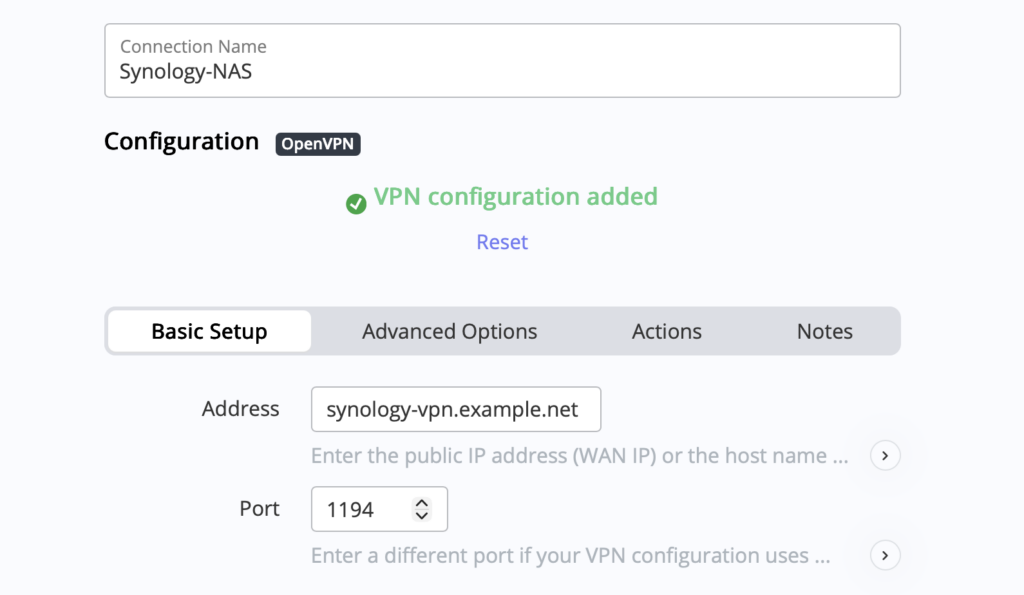 VPN gateway address for Synology OpenVPN connection in VPN Tracker