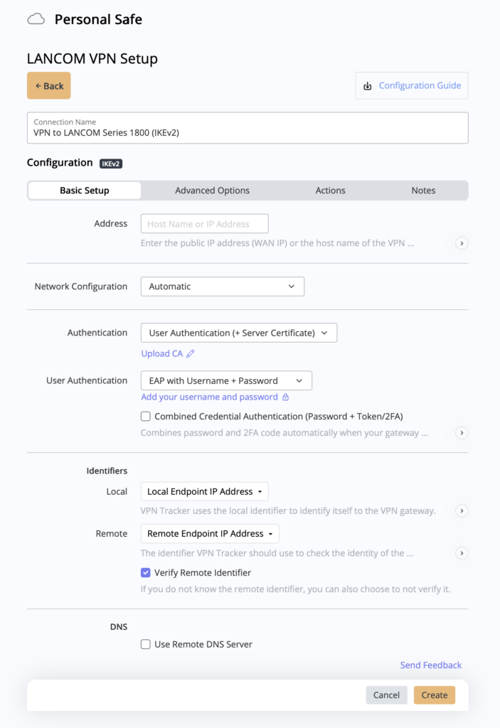 Einstellungen für manuelles LANCOM IKEv2 Setup