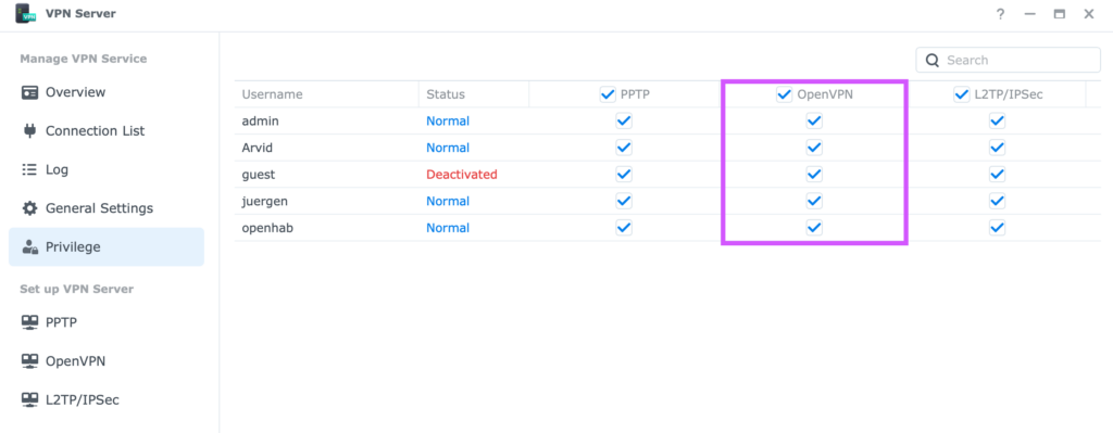 active openvpn privileges on a Synolgy NAS