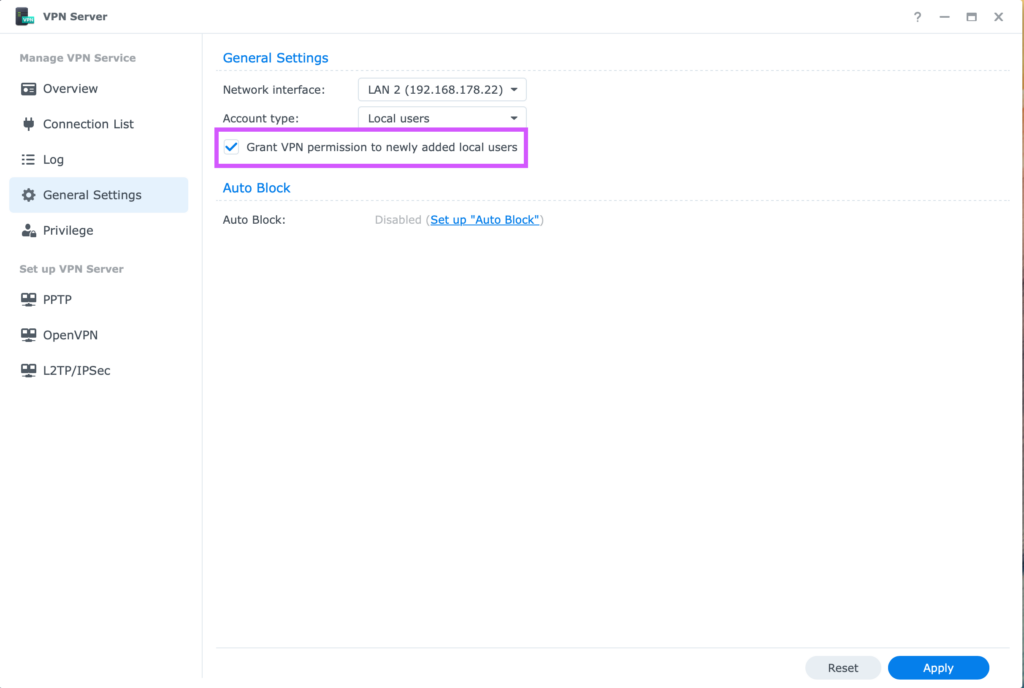 User VPN settings on Synology NAS