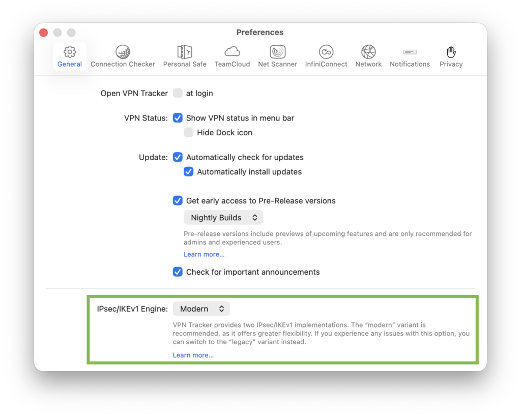 new IKEv1 engine in VPN Tracker: app settings
