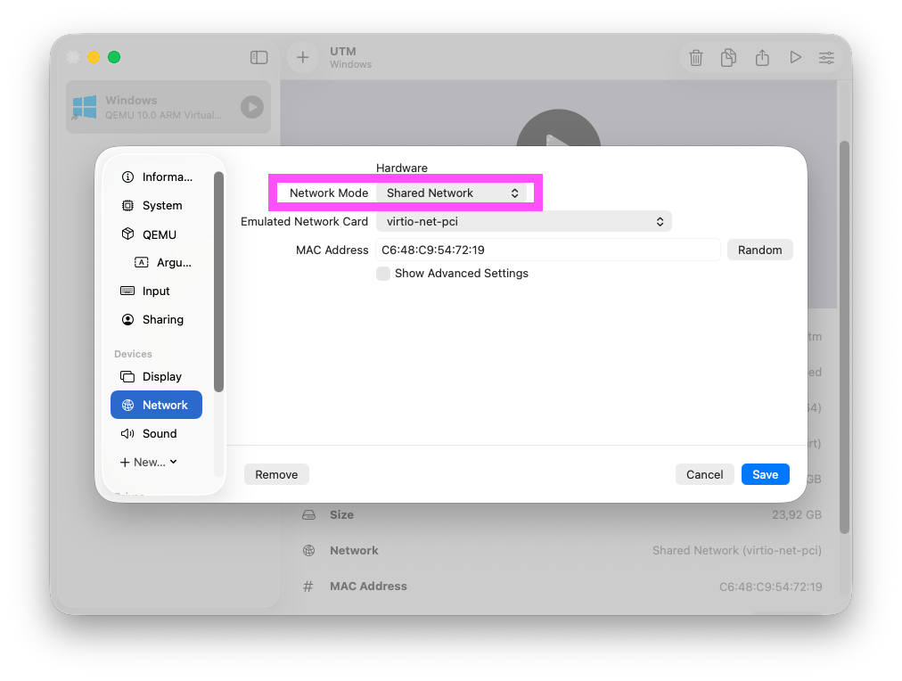 UTM network settings on macOS showing Shared Network mode configuration for VPN compatibility