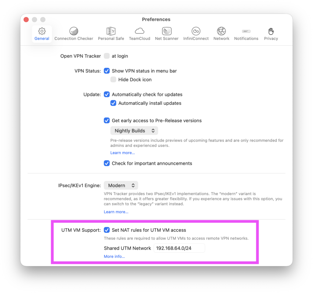 Activate UTM VM support in VPN Tracker settings