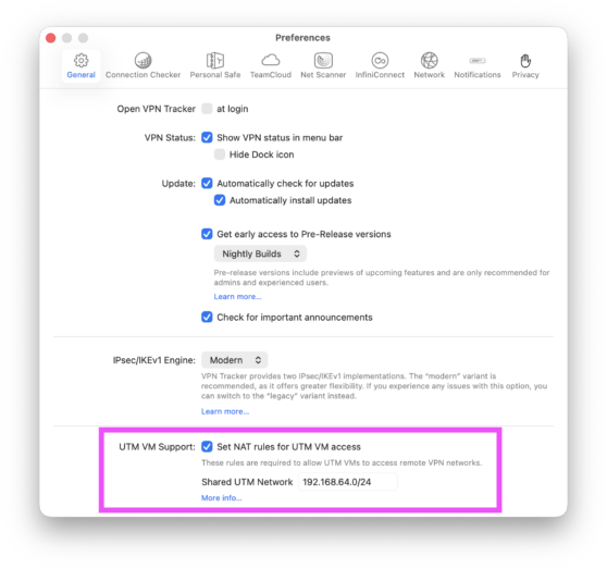 Activate UTM VM support in VPN Tracker settings