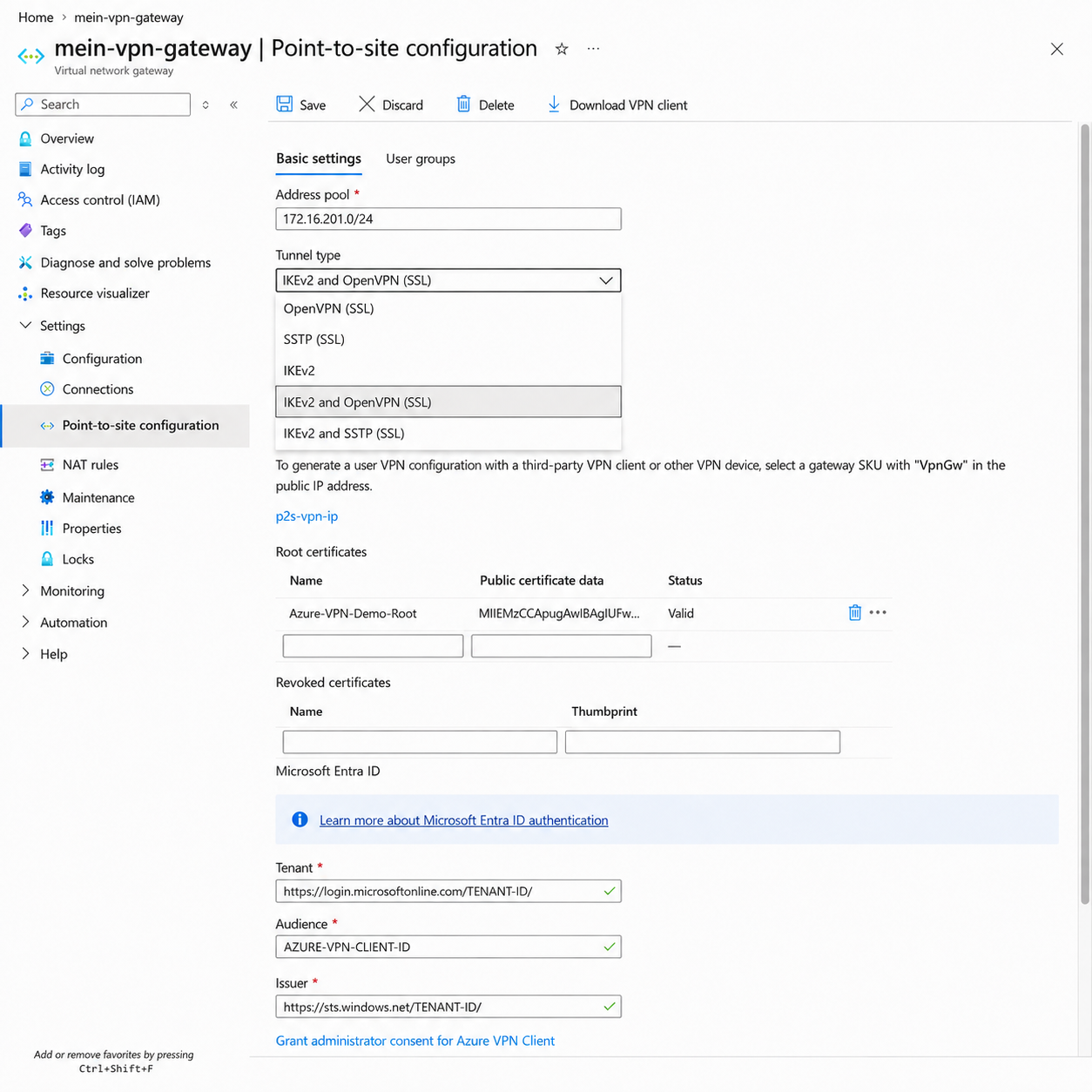 Azure Point-to-site configuration showing the OpenVPN and IKEv2 tunnel choices.