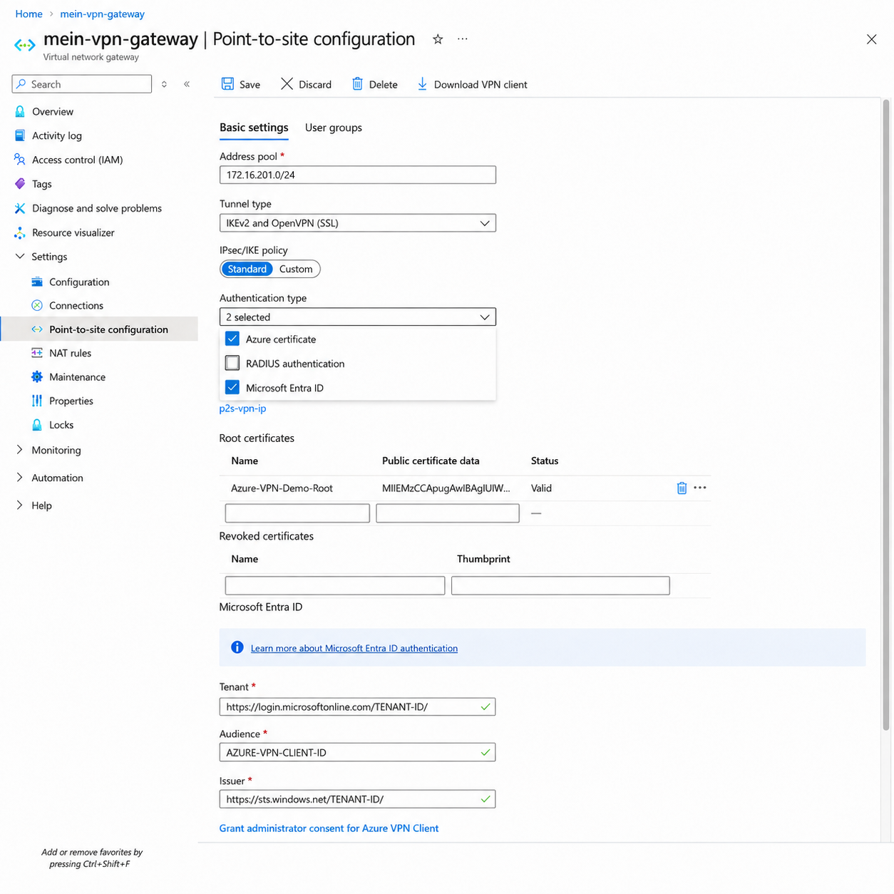 Azure Point-to-site configuration showing Azure certificate and Microsoft Entra ID authentication selected.