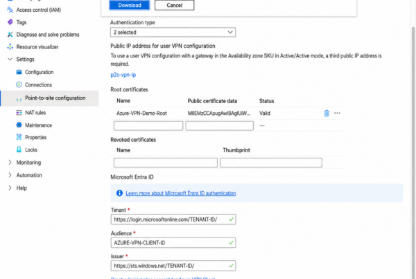 Azure portal dialog confirming that the VPN client profile download URI is ready.