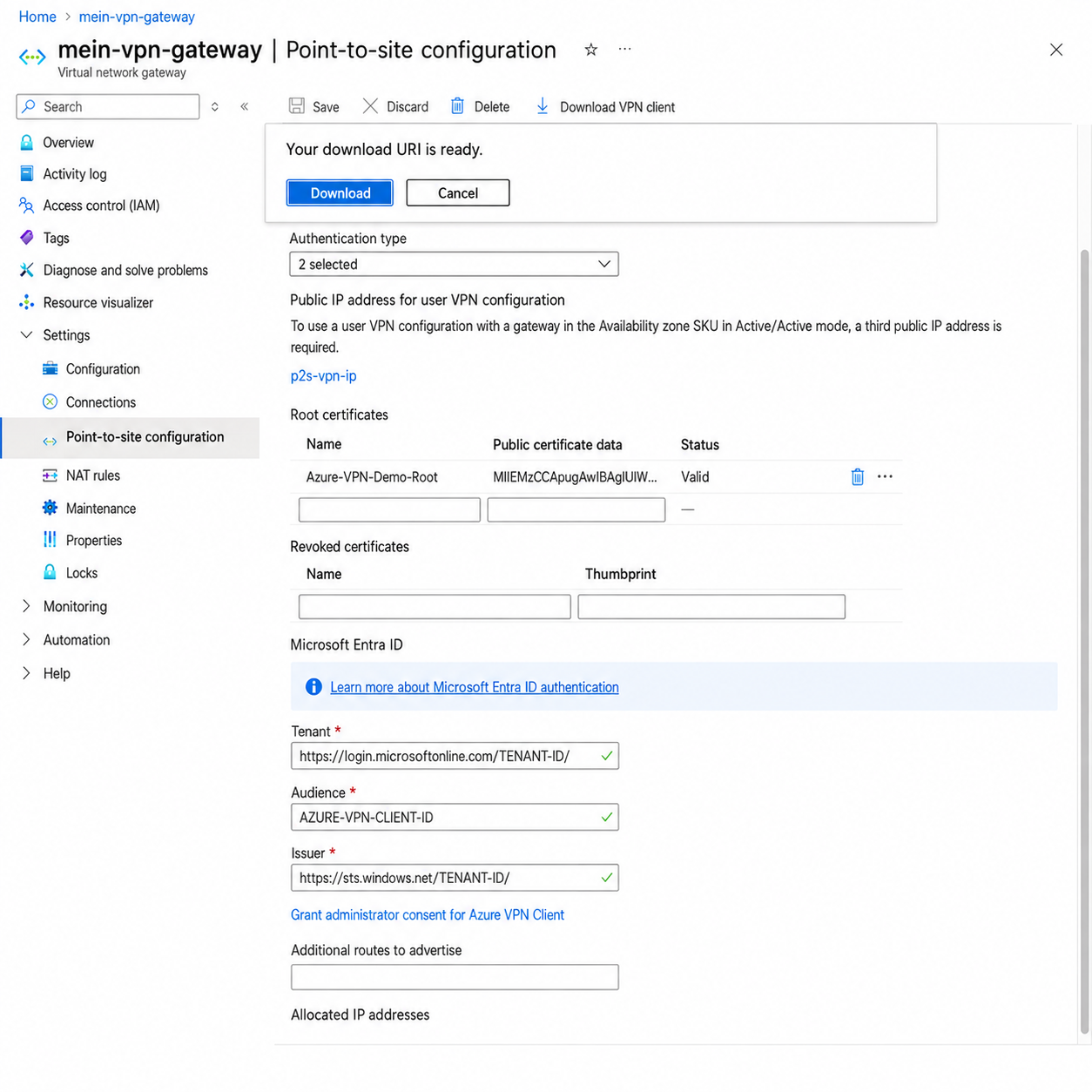 Azure portal dialog confirming that the VPN client profile download URI is ready.