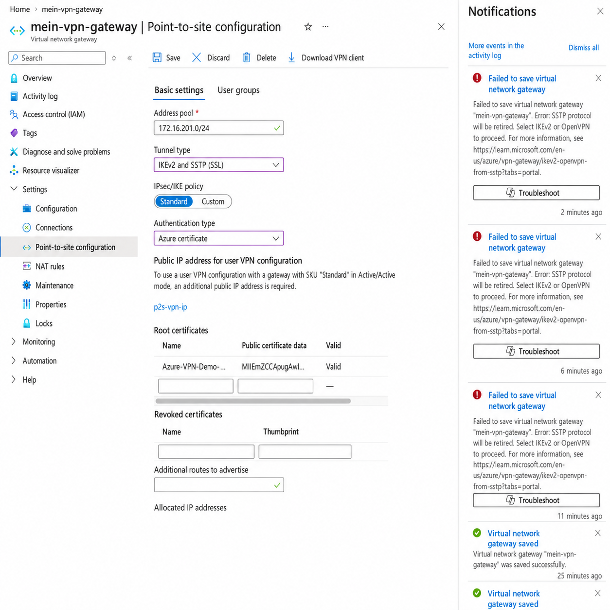 Azure portal notification rejecting an IKEv2 and SSTP tunnel configuration because SSTP is being retired.