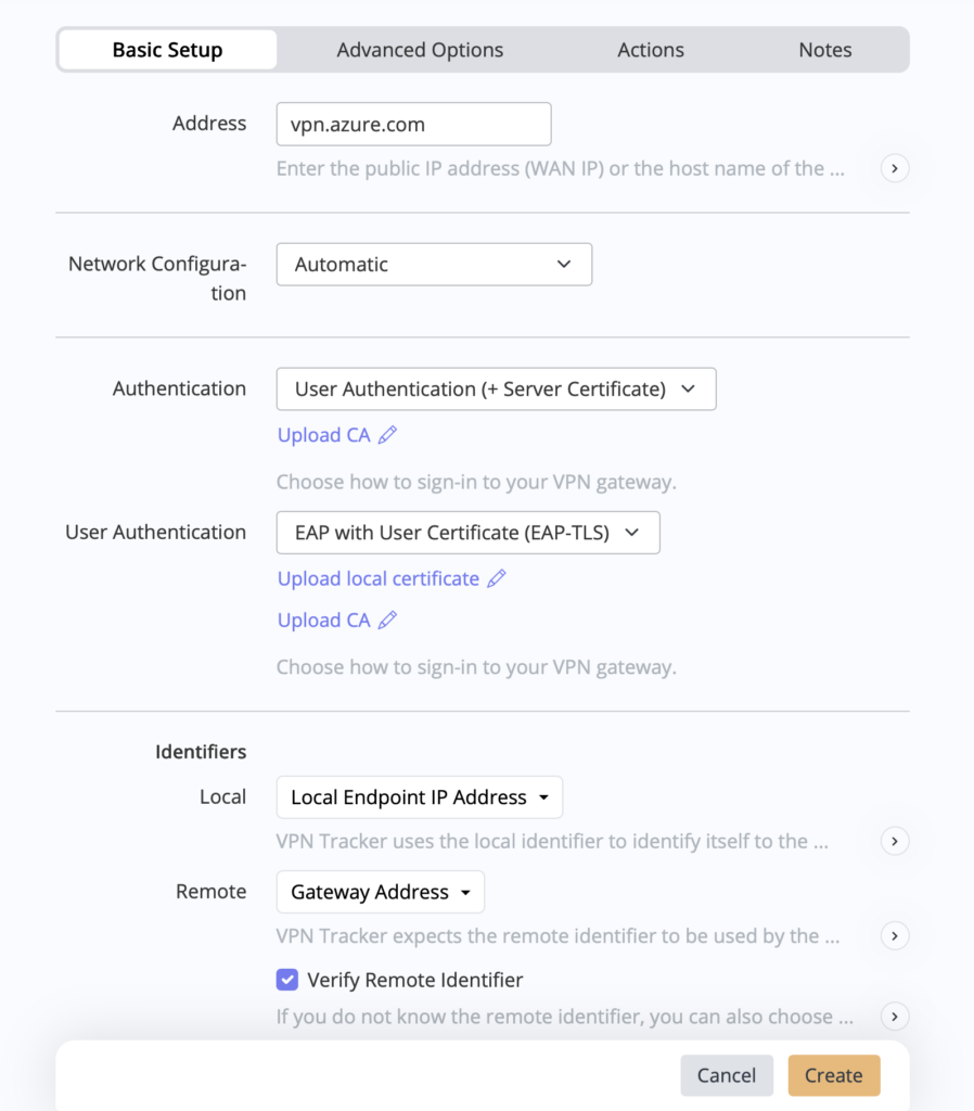 Azure IKEv2 VPN settings in VPN Tracker