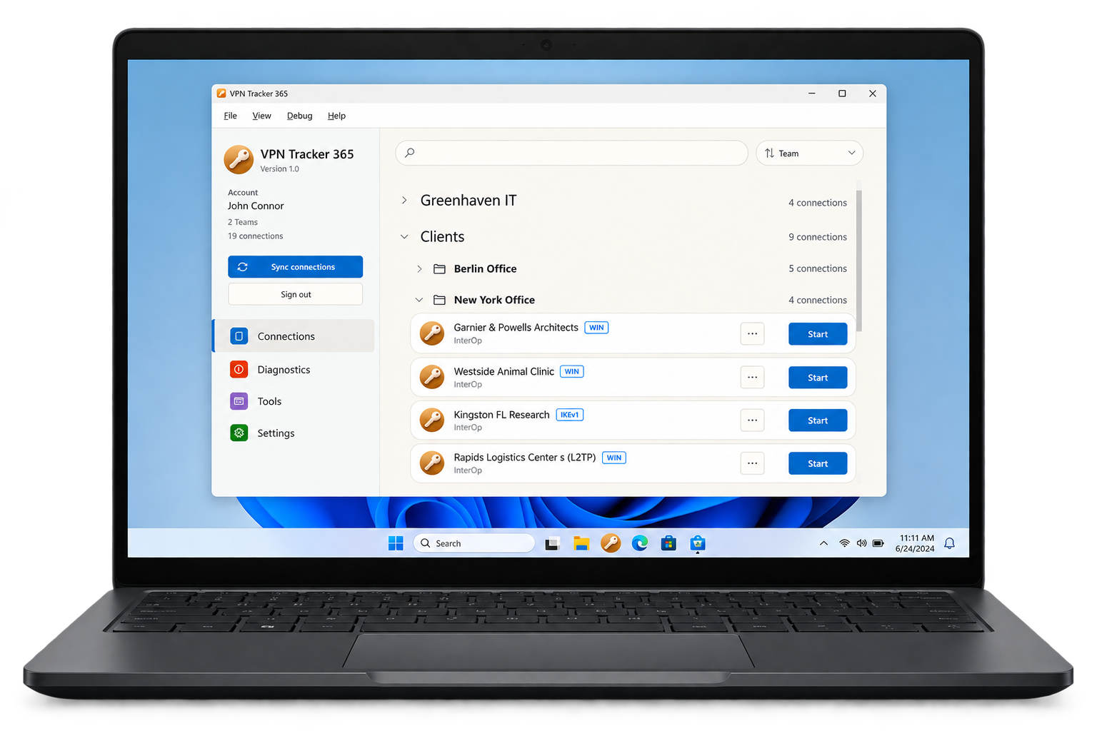 VPN Tracker for Windows preview displayed on a Windows laptop.
